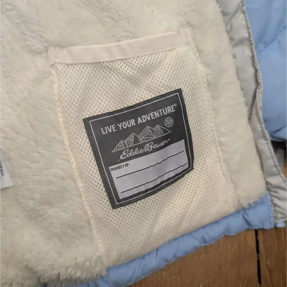 Eddie Bauer Girls Faux Shearling Lined Puffer Jacket Blue Bell Size 6 NWOT